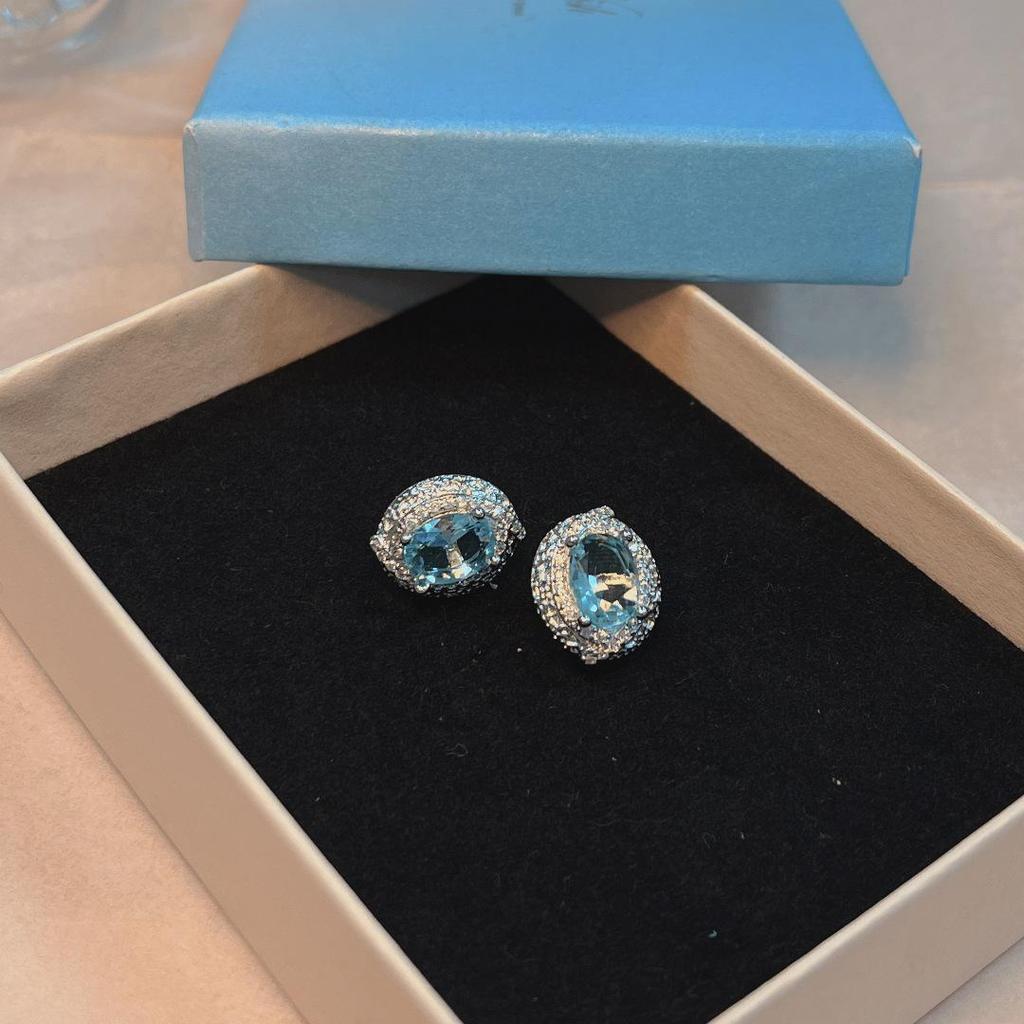 European & American Ocean Blue Sapphire Stud Earrings, Fully Diamond Inlaid, Niche Design, Simple & Elegant Egg-Shaped Earrings for Women