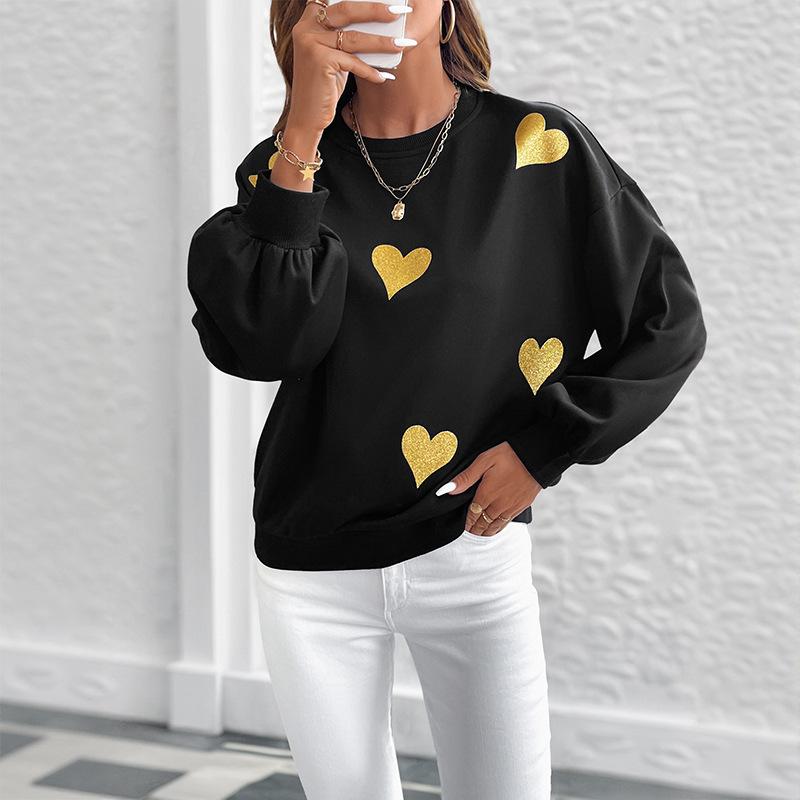New Autumn Romantic and Sweet Style Loose Round-neck Long-sleeved Sweatshirt with Heart Print
