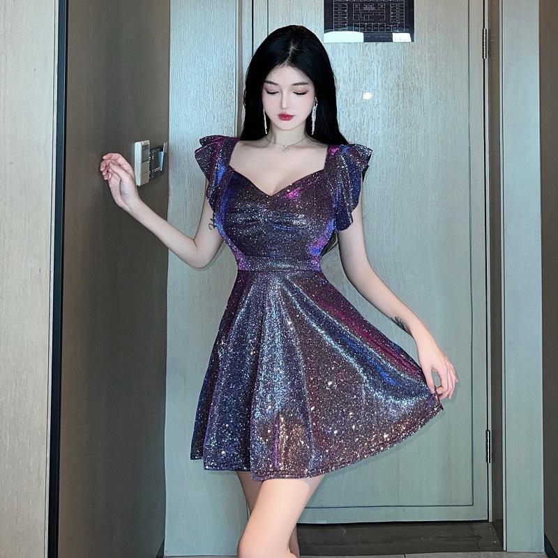 Sexy Low-cut Backless Feifei Sleeves Low-cut Square-necked Big Swing Short Skirt Spice Girls Women's Clothing Waist and Thin Dress