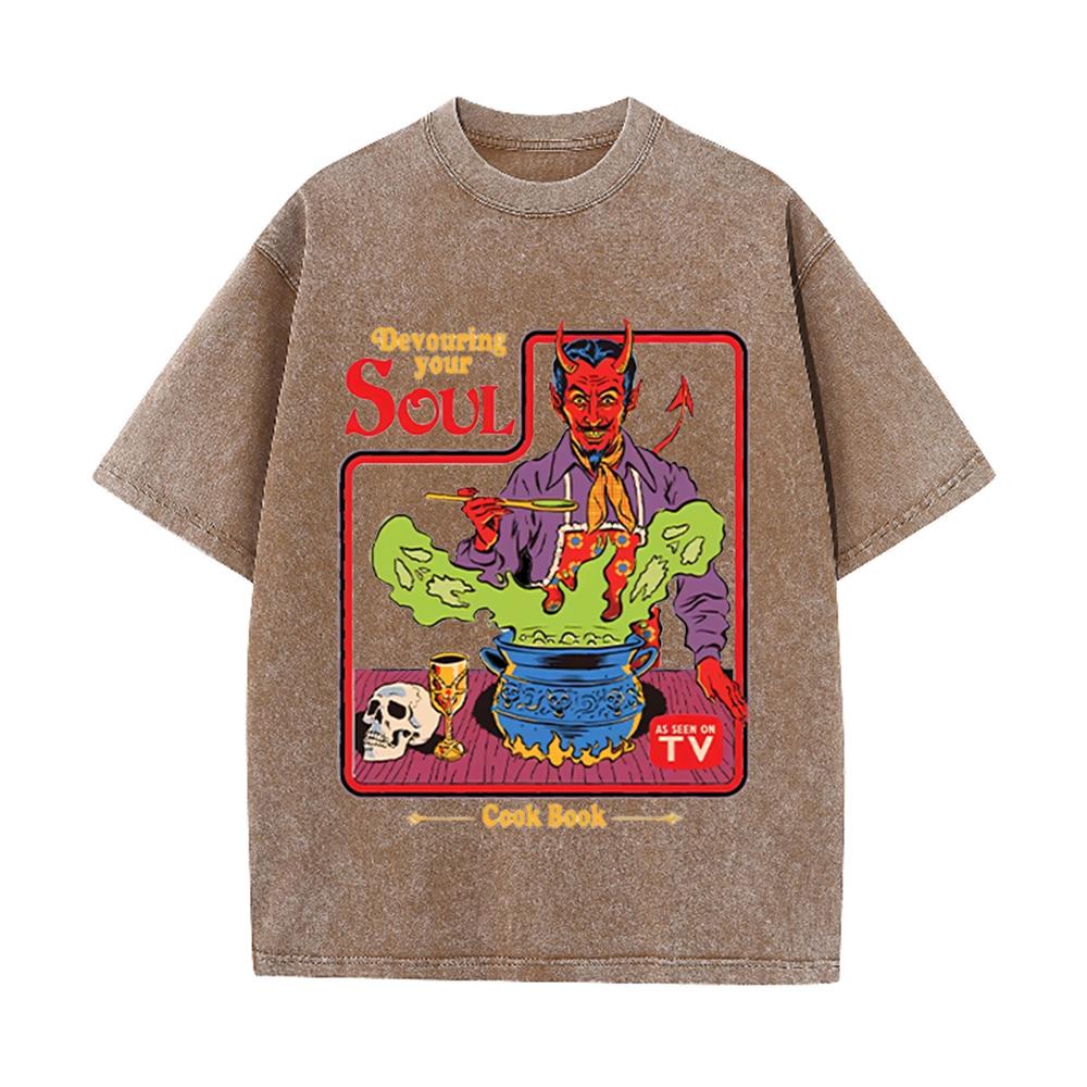 2026 Vintage Washed Black Devil Cooking Devouring Your Soul Retro Comic Graphic T Shirt Gothic Cartoon Oversized Streetwear Shor