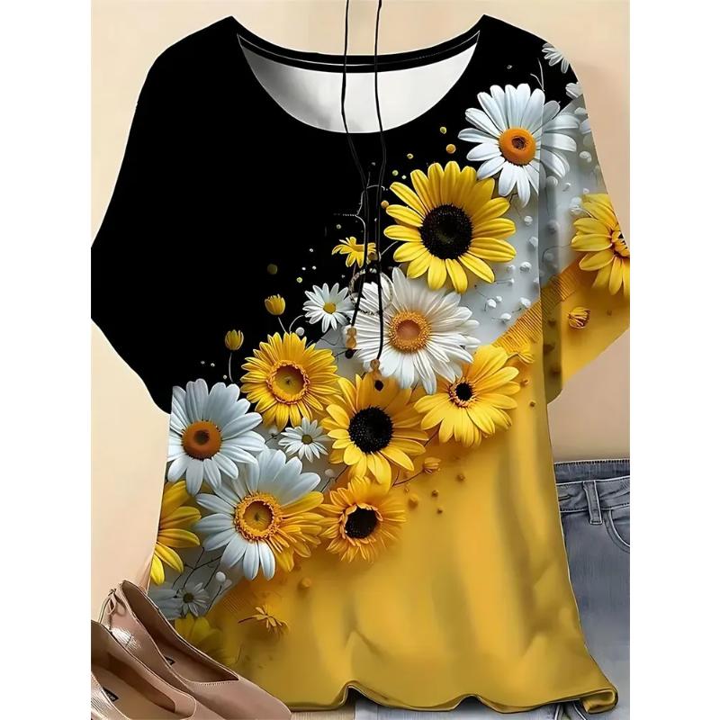 Fashion Women's Crew Neck T-Shirt 3D Flower Color Printing Flower Short Sleeve Comfortable Short Sleeve