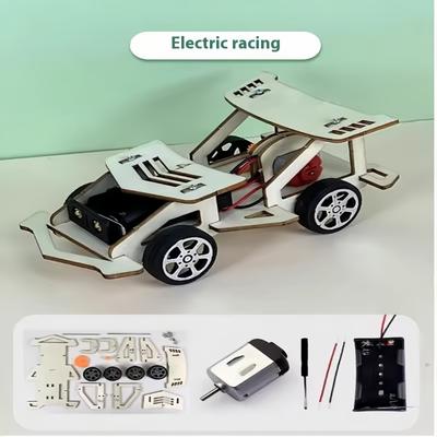 DIY Elektrické dřevěné závodní auto Skládačka Vědecký experiment Hračka Zajímavá ruční výroba pro rané učení Stavebnice