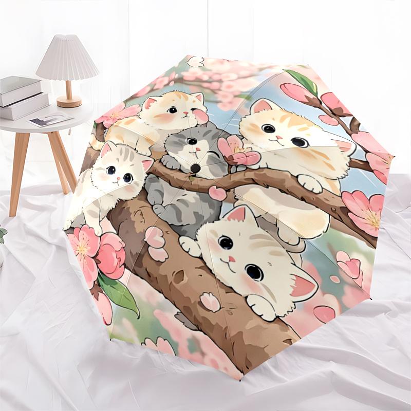 1pc Cherry Blossom Cat Branch Umbrella Automatic Open/Closed, Portable Folding Design, 8-Bone Iron Frame, Outdoor Umbrella, Festival Gift, Suitab