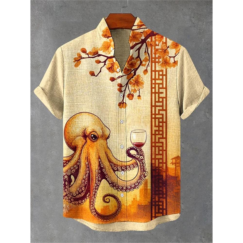 Camicia da Uomo a Maniche Corte con Stampa Ondulata, Design alla Moda, Top Estivo da Uomo, Camicia Hawaiana Casual Trendy per le Vacanze