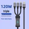 120W 3-in-1 Fast Charging Braided Data Cable for Huawei, Apple, and Type-C Devices with Digital Display