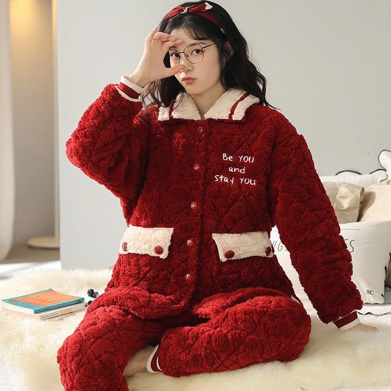 Coral Velvet Quilted Pajamas Women's Winter Three Layer Thick and Fleece Home Wear Women's Winter Flannel Thermal Set