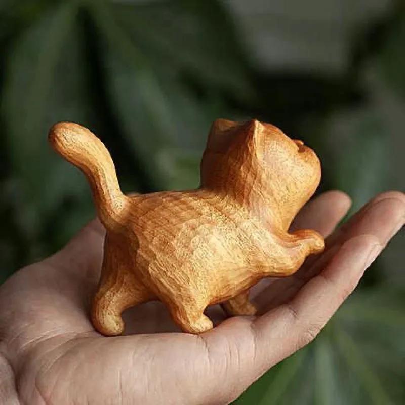 Wooden Carved Proud Kitten Figurine