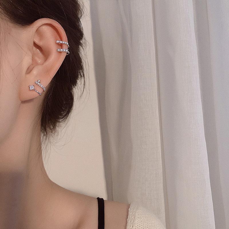 Diamond Double-Layer Ear Clips Are Fashionable And Sweet, Asymmetrical U-Shaped Ear Bone Clips, Street Stalls, Niche Earrings, No Ear Piercings.