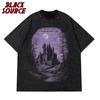 Hip Hop Washed Black T-Shirt Streetwear Vintage Purple Graphic Horror Castle T Shirt Cotton Tshirt Men Tops Tees Unisex Y2K