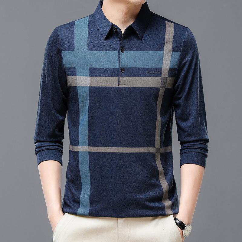 Men's Casual Striped Polo Shirt Polyester Blend, Slight Stretch, Long Sleeve, Regular Fit Knit Polo for Business & Leisure, Spring/Fall Season