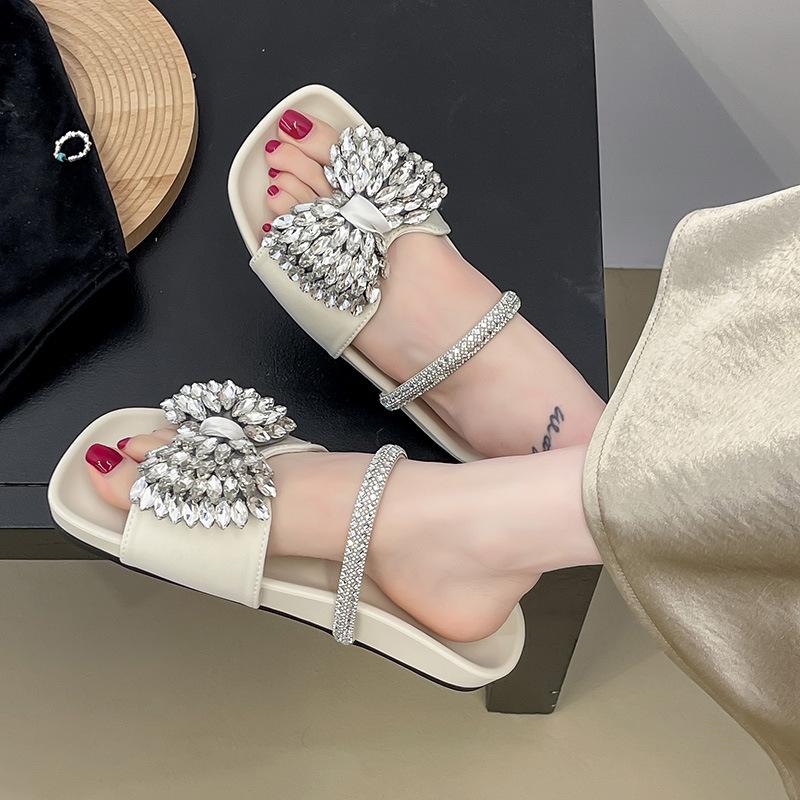 2025 New European Flat-bottomed Bow Rhinestone Slippers Women's Cross with Satin Open-toed Fashion Outer Slippers Women
