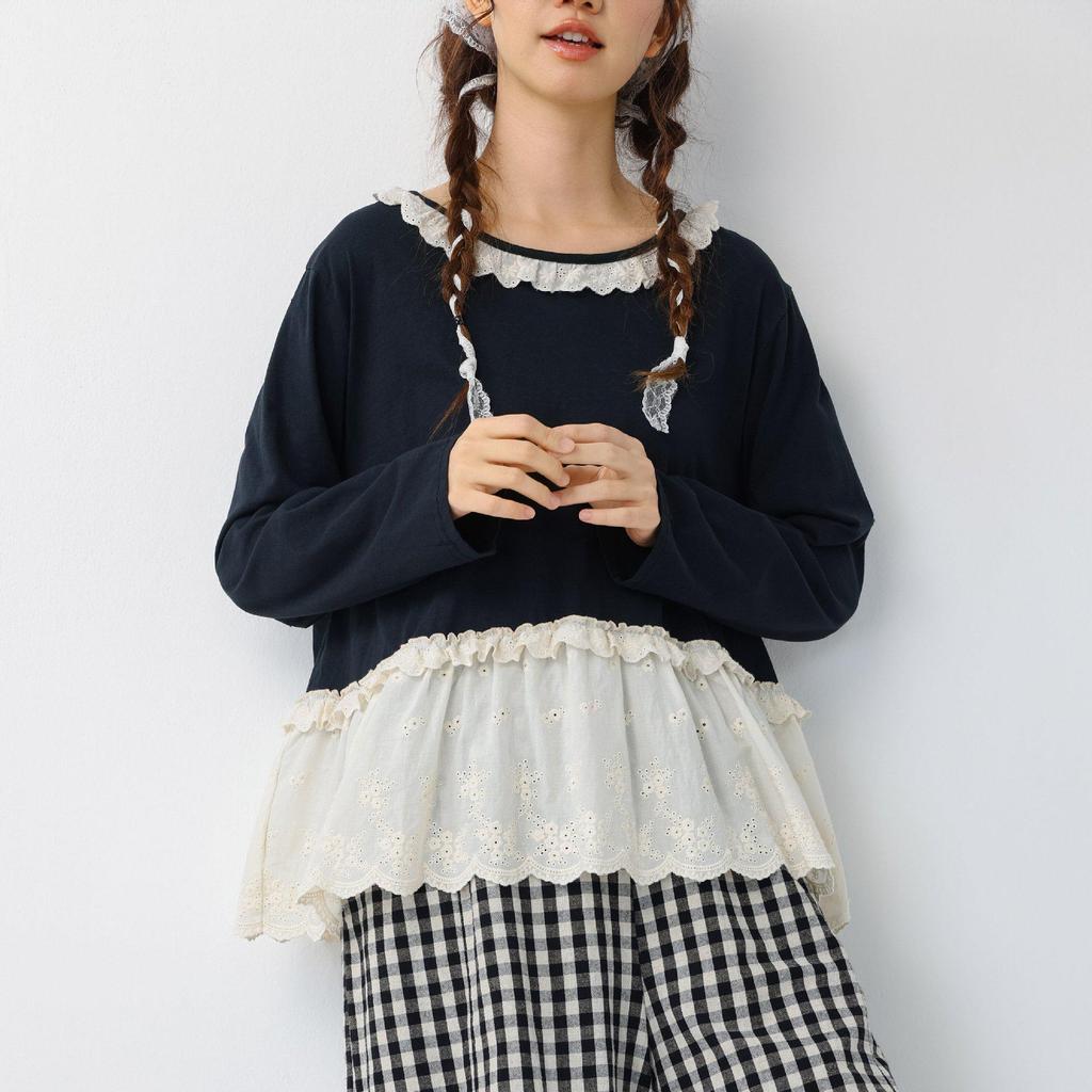 Spring Japanese Literary Lace Collar Knit T-shirt: Loose Embroidered Pure Cotton Layered Top for Women
