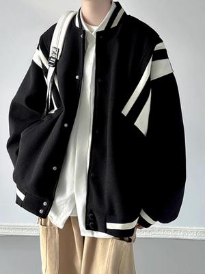 Herren Modische Woll-Patchwork-Baseballjacke - Lockerer Freizeitmantel