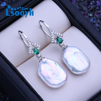 LSOOYH doğal tatlı su beyaz büyük barok inci küpeler kadınlar için moda kültürlü inciler gümüş renk Dangle küpe düğün takısı
