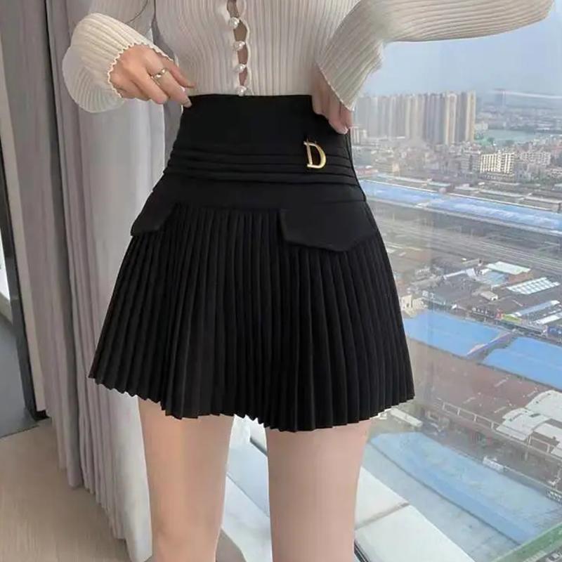 Black White Pleated Skirts Casual Slim College Women Korean Elastic High Waist Mini Metal Letter D A-line Skirts Clubwear