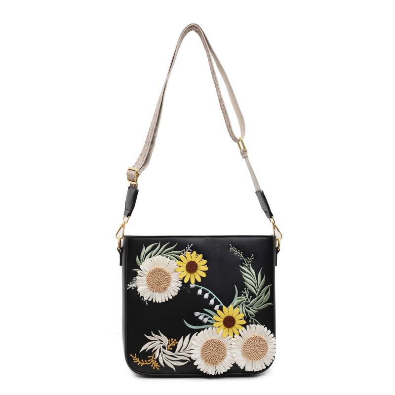 Neue 3D-Sonnenblumen-Stickerei Schultertaschen Mode Blumenstil Jugend Umhängetaschen Verstellbarer Riemen Lässige quadratische Tasche für Damen