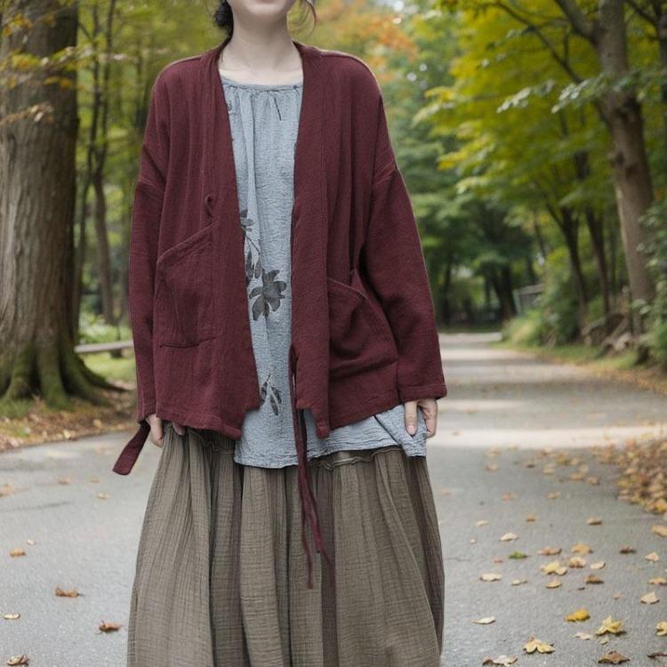 

Vintage Chinese Style Coat Women Autumn Long Sleeves Solid Color Loose V Neck Outerwear Johnature One Size
