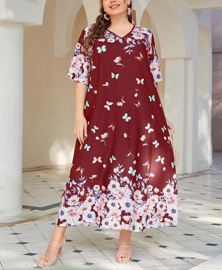 Plus Size V-Neck Short Sleeve Printed Pullover Dress - Spring/Summer Style