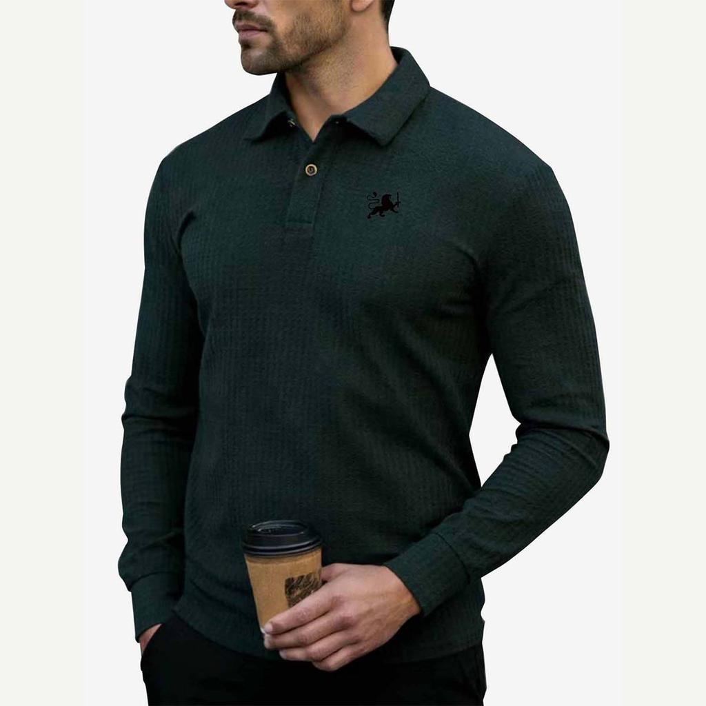 Polo Shirts for Men Lion Sword Print Ribbed Long Sleeve