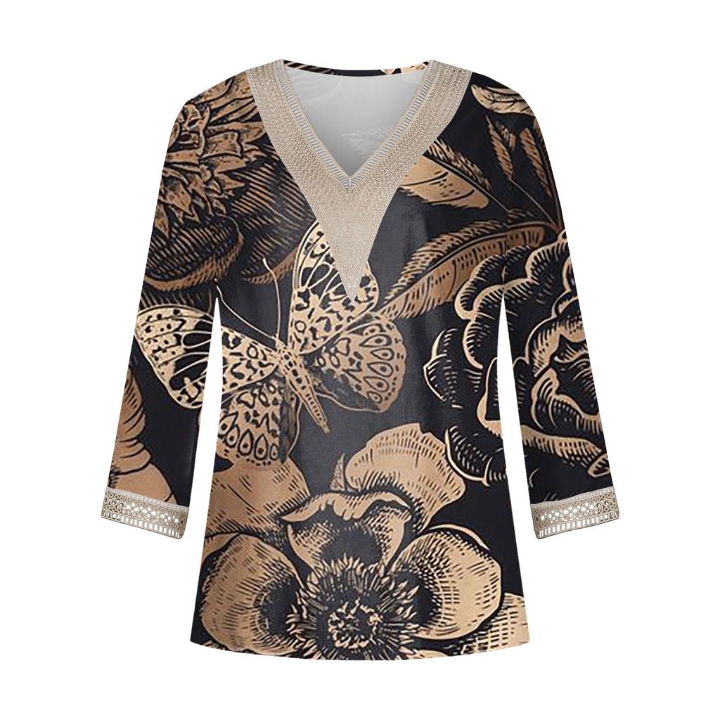 Women's Shirt Blouse Casual Loose Shirts 3/4 Sleeve Lace Trims Print V Neck Tops Print Tops T-shirts