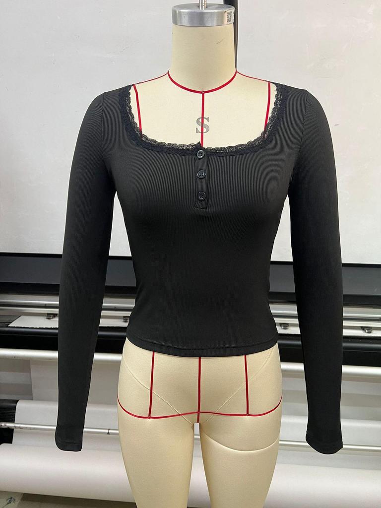 New Autumn/Winter 2025 European Lace Button V-Neck Slim Fit Long Sleeve Women's Top