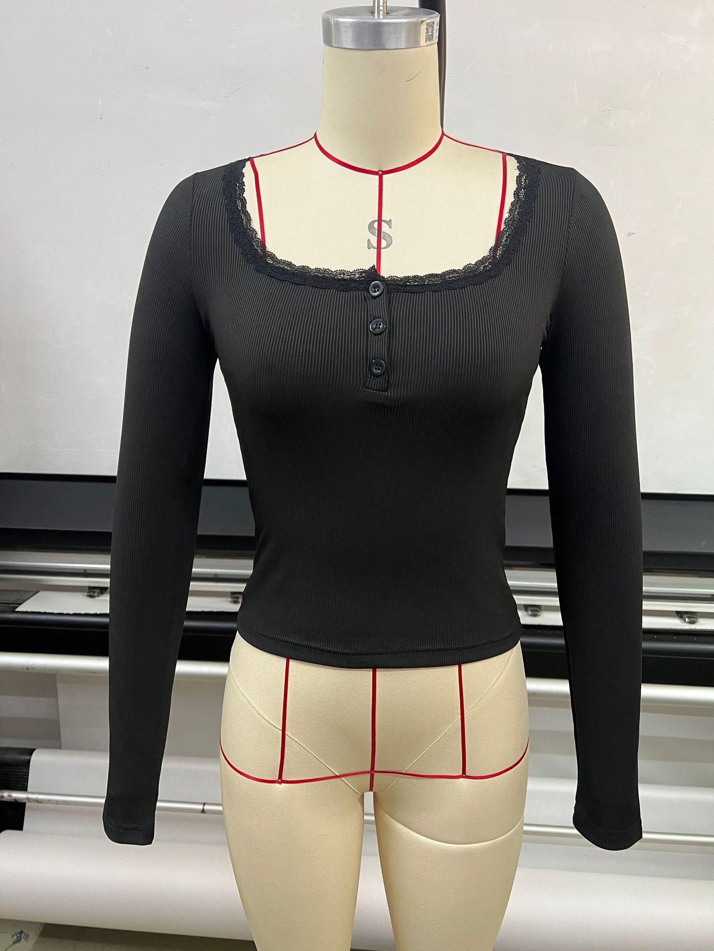

New Autumn/Winter 2025 European Lace Button V-Neck Slim Fit Long Sleeve Women s Top Small
