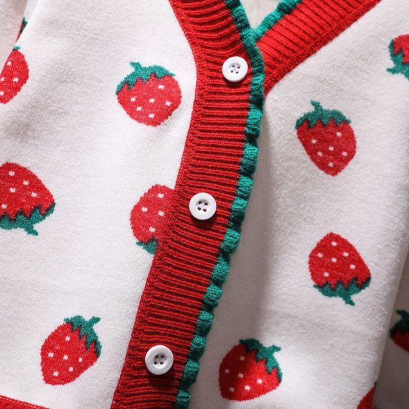 Girls Knitted Cardigan Button V-Neck Sweater With Cute Strawberry Jacquard Kids Long Sleeve Sweater