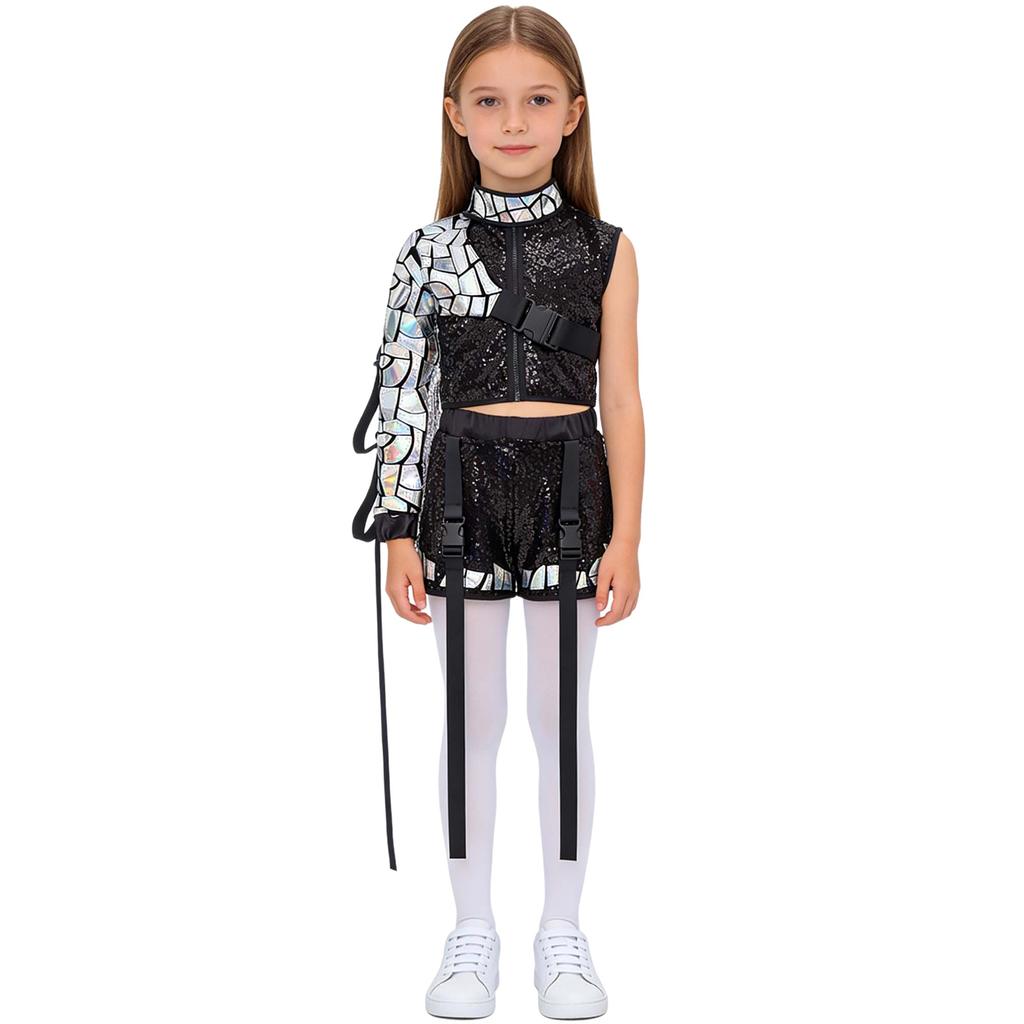 Completo Hip Hop Danza Bambini Top Corto Senza Maniche Zip Up Laccato Paillettes Shorts Set Maniche con Nappe Staccabili