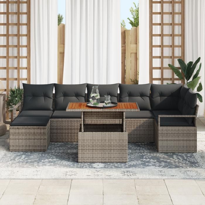 Ensemble de canapés de jardin 8 pièces avec coussins gris en rattan poly acacia, Canapé de jardin 2 places avec coussins 3349740