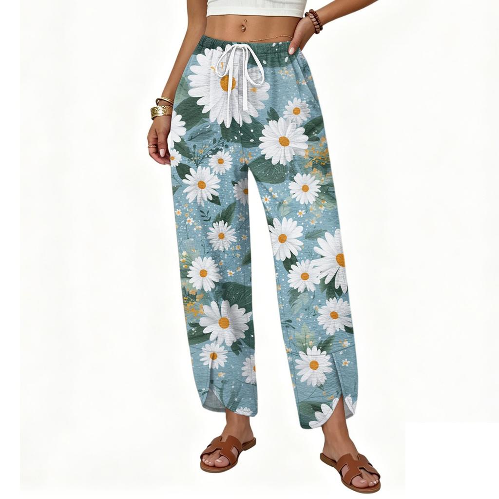 Women's Casual Straight Leg Wide Leg Drawstring Print Pants