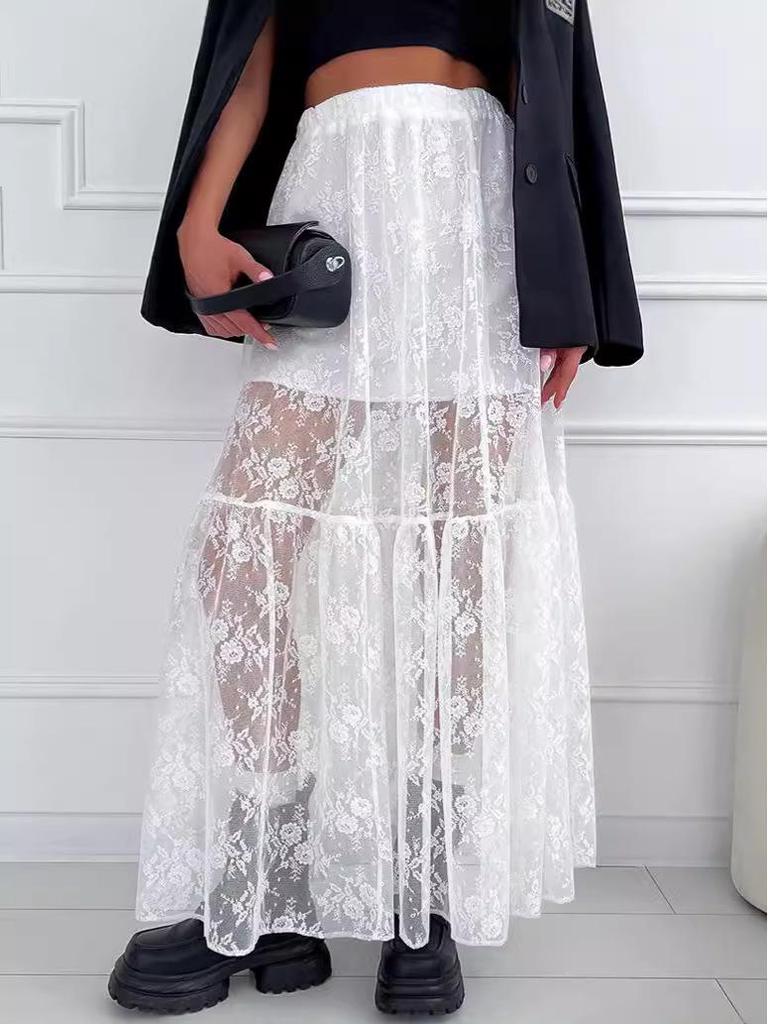 Elegant Sheer Lace A-Line Midi Skirt, Sizes S-5XL, European and American Style Fashion Skirt for Women