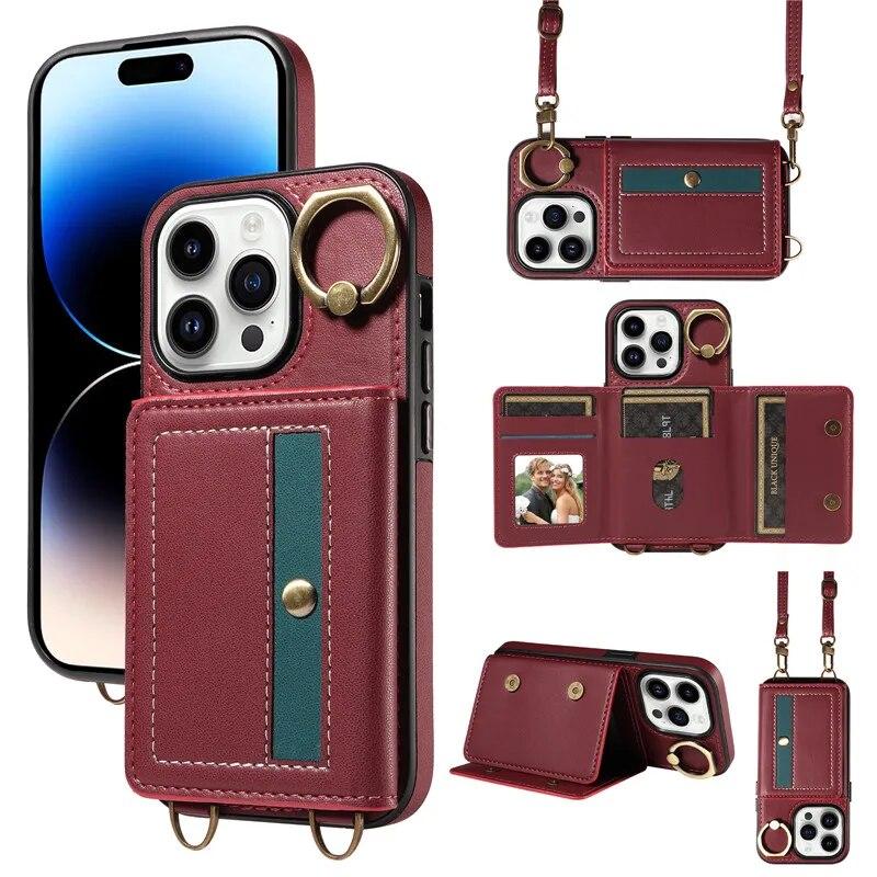 Ring Lanyard Leder Brieftasche Fall für iPhone 15 Pro Max 14 Plus 13 Pro 12 Samsung Galaxy S24 Ultra S23 S22 21 FE A25 A15 A54 A34 A14 Flip Telefon Abdeckung