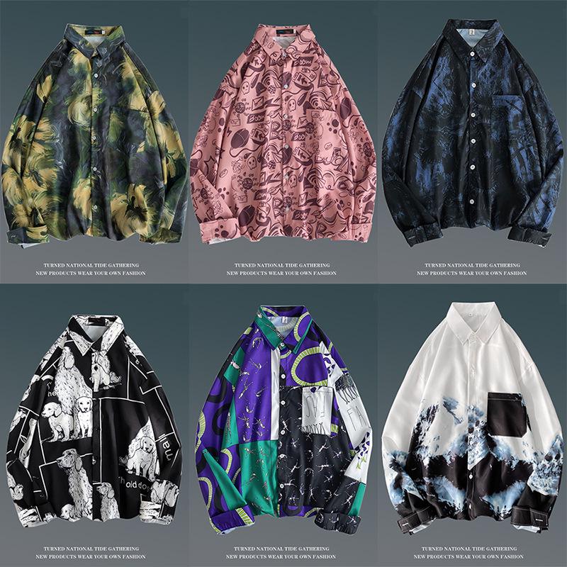 Men's Spring Retro Floral Long Sleeve Shirt - Korean Style, Trendy, Versatile, Loose Fit, Hong Kong Couple Style Top.