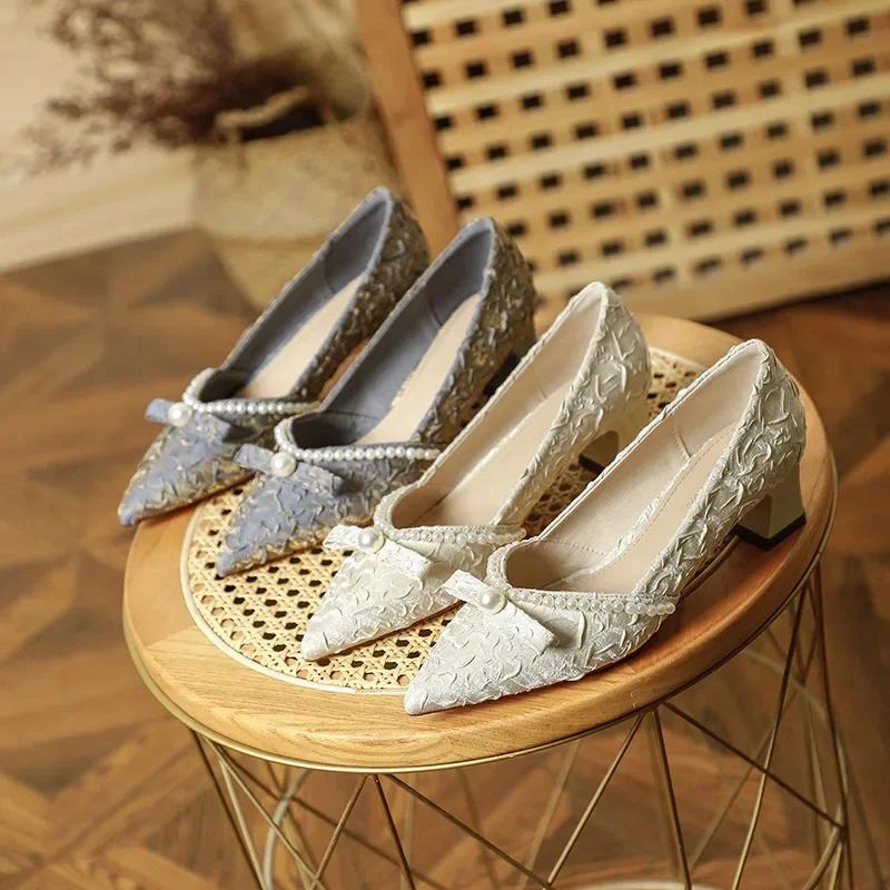 Fashion Single Shoes Women's Middle Heel Satin Pearl Bow Women's Shoes Spring 2025 New Light Mouth Pointed Thick Heel High Heels