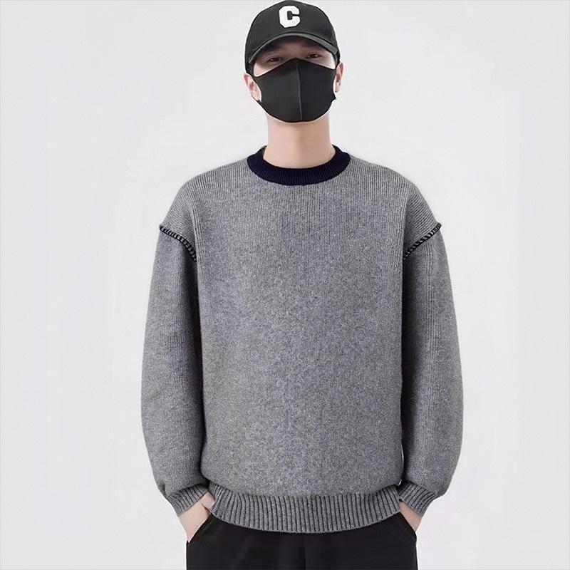 Winter Old Money Style Color Block Hand-stitched Round Neck Unisex Sweater XL серый