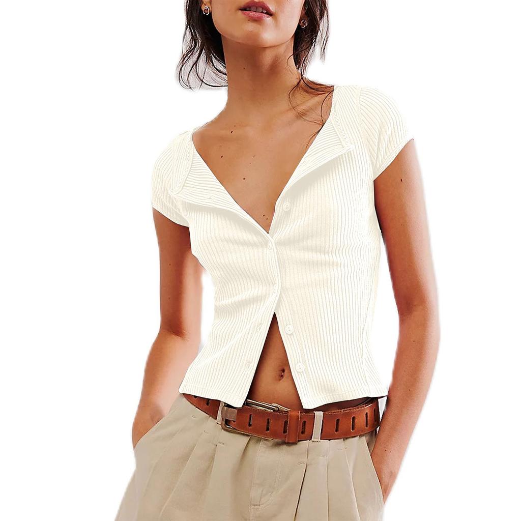 Fashionable Hottie Button Short Sleeve Ribbed Cardigan Top