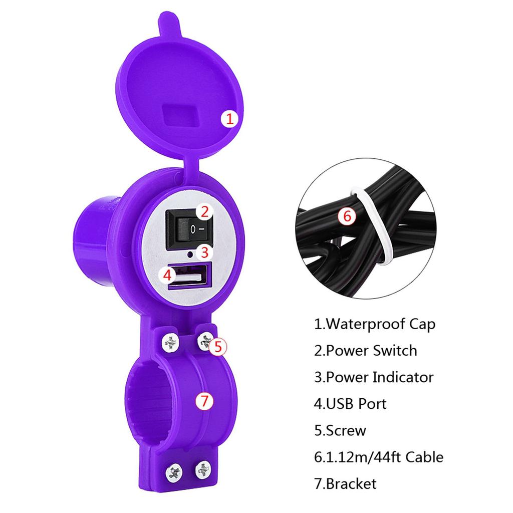 Universal Motorcycle USB Charger Socket Power Supply Port for Mobile Phone Waterproof Purple