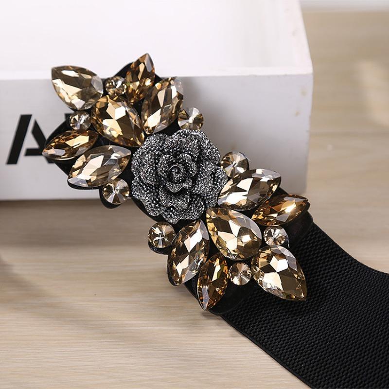 Meimeier Rose Rhinestone Embellished Elastic Waist Belt - Women's Dress Accessory, Feather Black Waist Cincher, Waist Belt