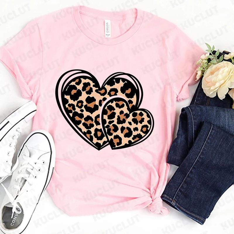 Fashion Unisex Tshirts Leopard Love Heart Print Tops Short Sleeve Clothing Ladies Harajuku Valentines Day Female Clothing