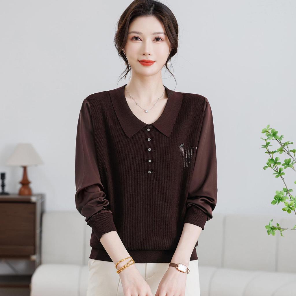 Mom's Gauze Sleeve Long-Sleeve Knit Top for Middle-aged Women - Lightweight Spring/Autumn Wear