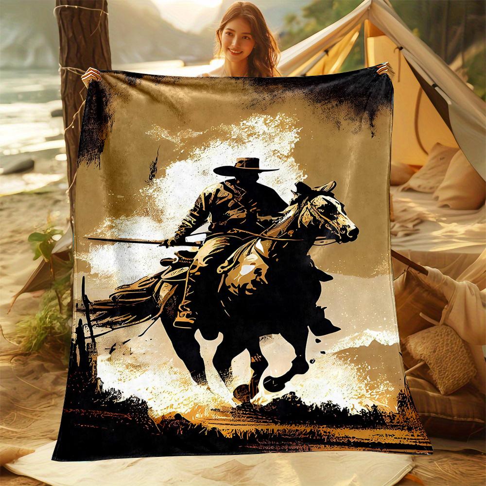 1. Antique Western Cowboy Equestrian Art Print Flannel Blanket Comfortable Soft Plush Throw Blanket Couch Bed Sofa Festival Gift