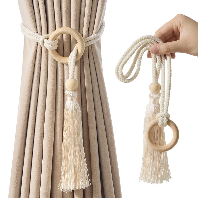 2 Piezas Chic Bohemio Cordón de Algodón Ajustable Cortina Amarre Borla - Tejido a Mano, Correa Hebilla de Cortina con Anilla de Madera