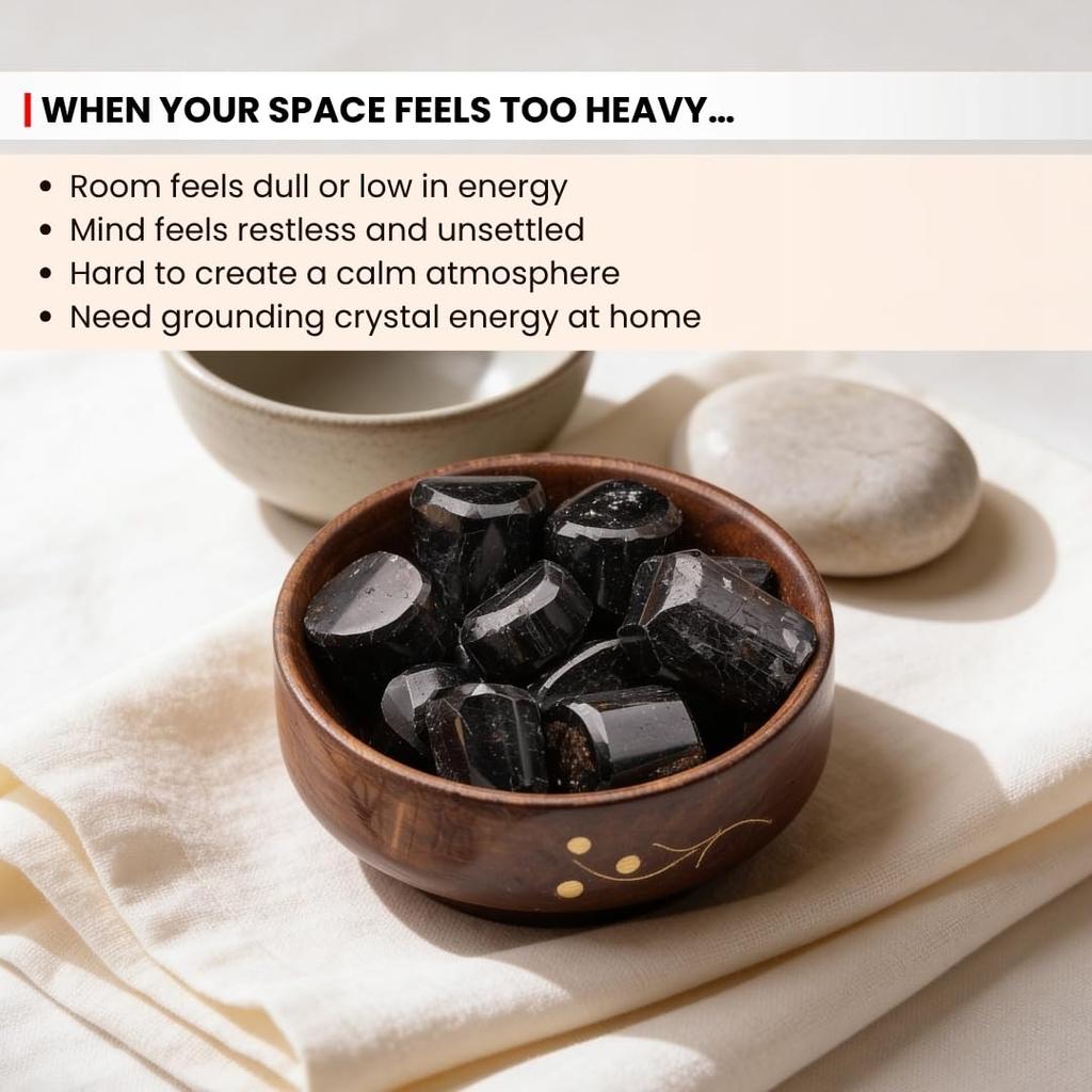 Plus Value Natural Black Tourmaline Tumbled Stone Pebbles for Vastu Feng Shui Aura Chakra Reiki Healing Crystals (300 Grams, Wooden Bowl)
