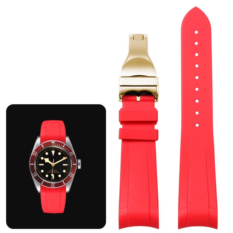Klasický vysoce kvalitní gumový řemínek se zakřivenými konci pro hodinky Tudor Black Bay GMT s překlápěcí sponou Černý Modrý Červený 22mm Náramek