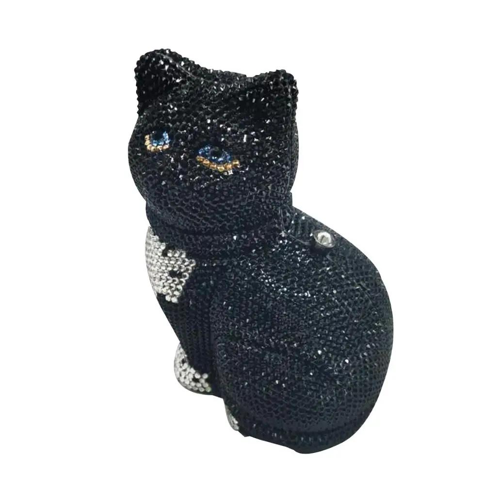 Boutique De FGG Black Cat Shape Women Crystal Clutch Evening Bags Rhinestone Clutch Minaudiere Handbag Party Wedding Purse