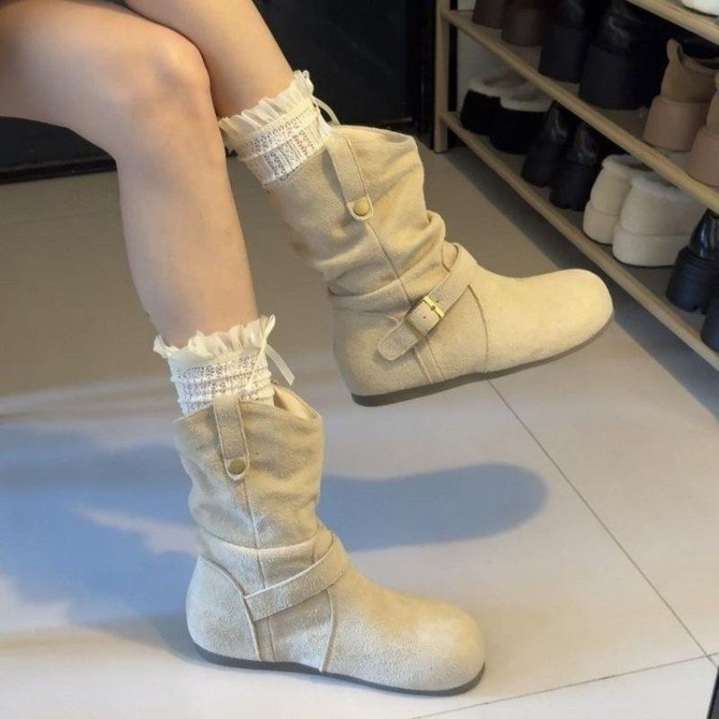 

Round-toe Shoes with Vintage Leather Buckle Boots for Women, New Style, Versatile, Heightening Short Boots 40 бежевий