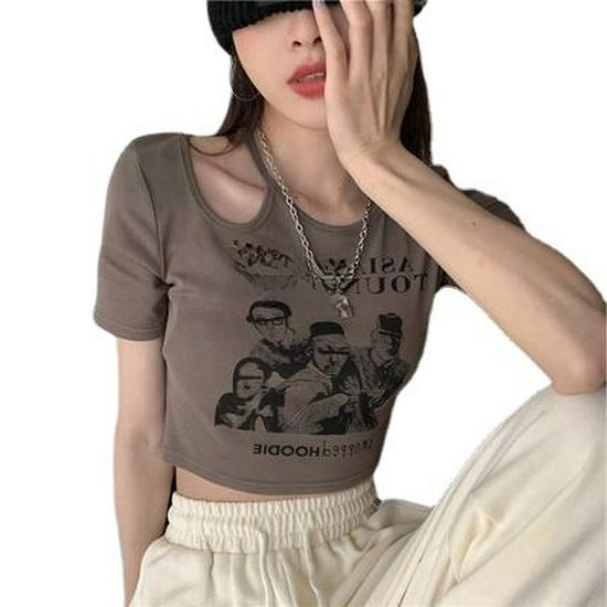 Damski T-shirt z krótkim rękawem 2024 w stylu retro, slim fit, ażurowy