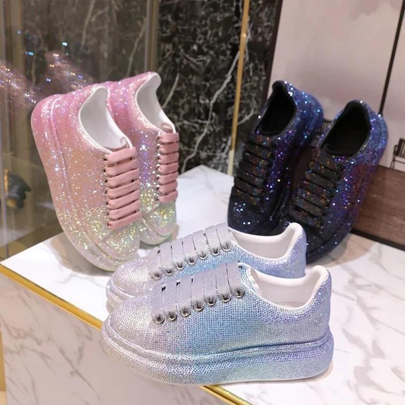 2025 Autumn Leather Women Shoes New Style Fashion Pink Platform Shoes Ins Platforms Sneakers Tide Shine Bling Rhinestone Shoes