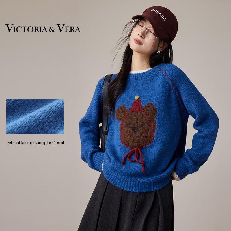 

VICTORIA&VERA Women s Contrast Bear Knit Sweater with Red Tie Detail L