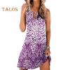 Damen Boho Ärmelloses Mini-Kleid Rundhalsausschnitt Bedrucktes Kurzes Tankkleid Sommer Lässig Strand Swing Sonnenkleid